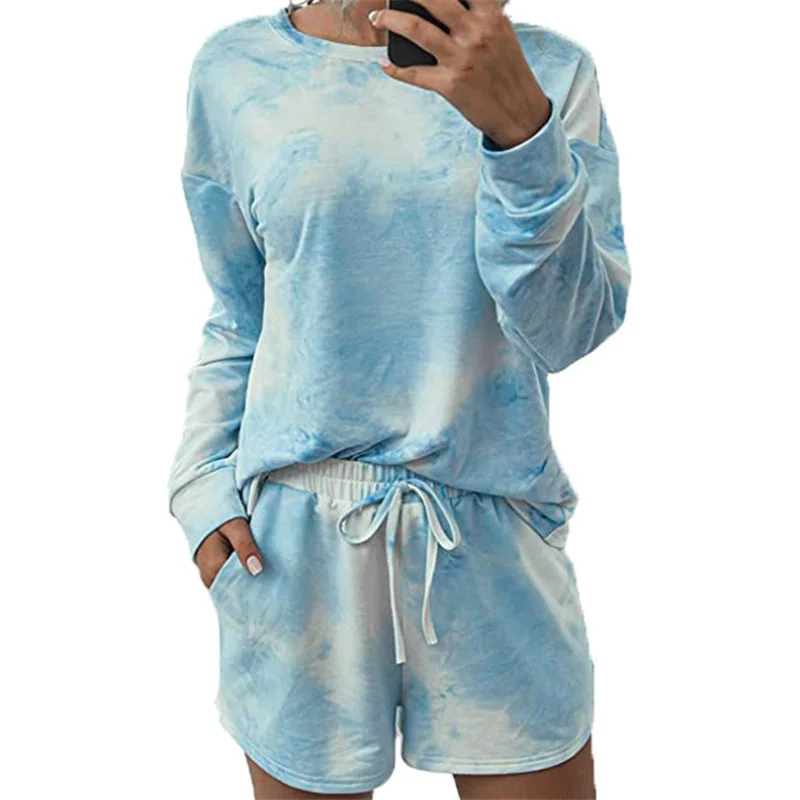 

T-shirt+Shorts Dye Gradient Wear Tracksuit Womens Tie Casual Suit Set Lounge