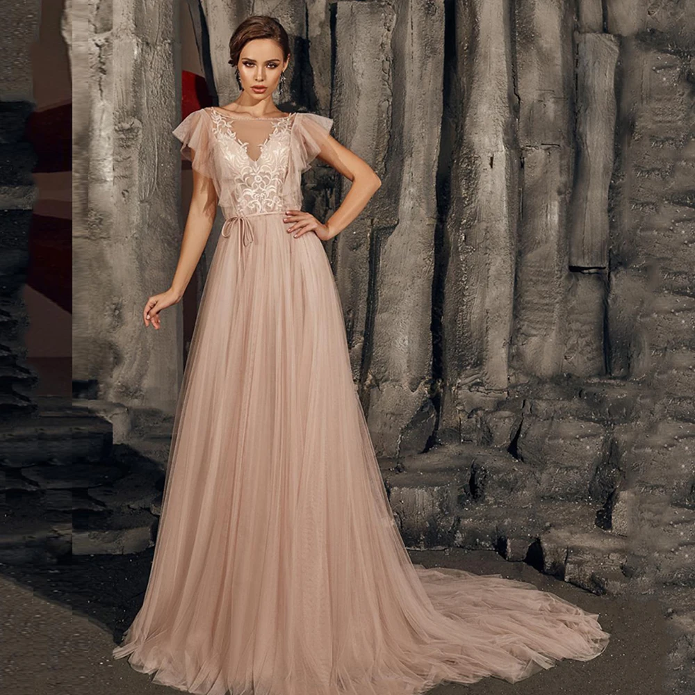 

Champagne A-Line Chiffon Wedding Dress O-neck Short Sleeve Zipper Back Sweep Train 2021 Bride Gowns Vestido De Noiva