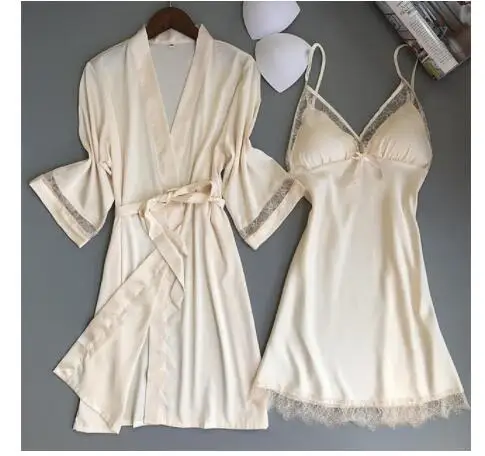 Халат-кимоно Женский из искусственного шёлка с кружевной отделкой | Женская