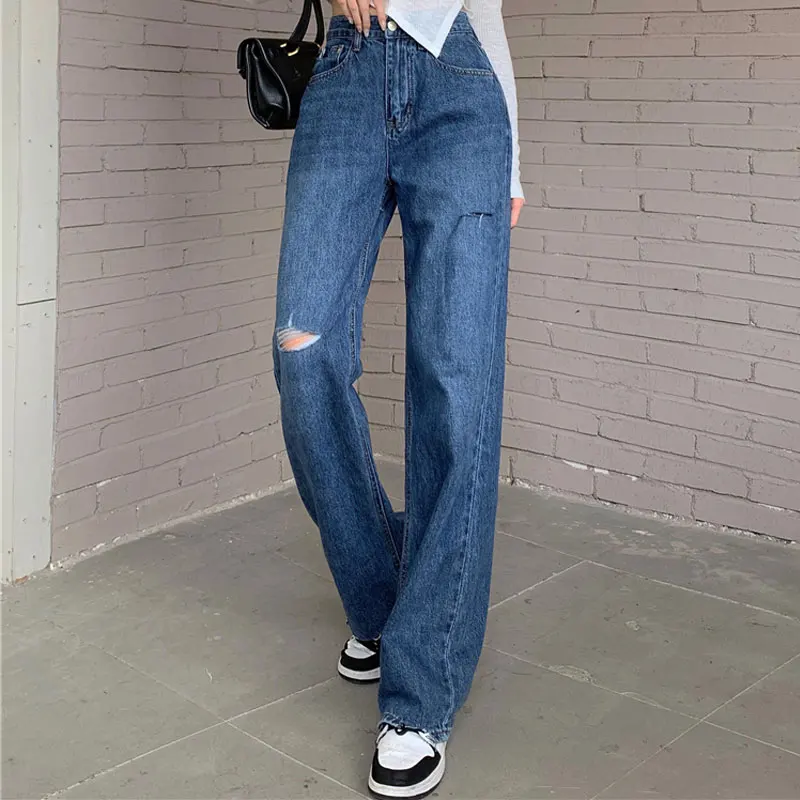 

Spot China new women's pants personality fashion trend high waist rip edge hole loose jeans