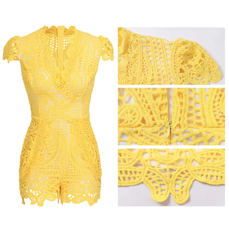 Женские комбинезоны с коротким рукавом кружевные однотонные v образным вырезом