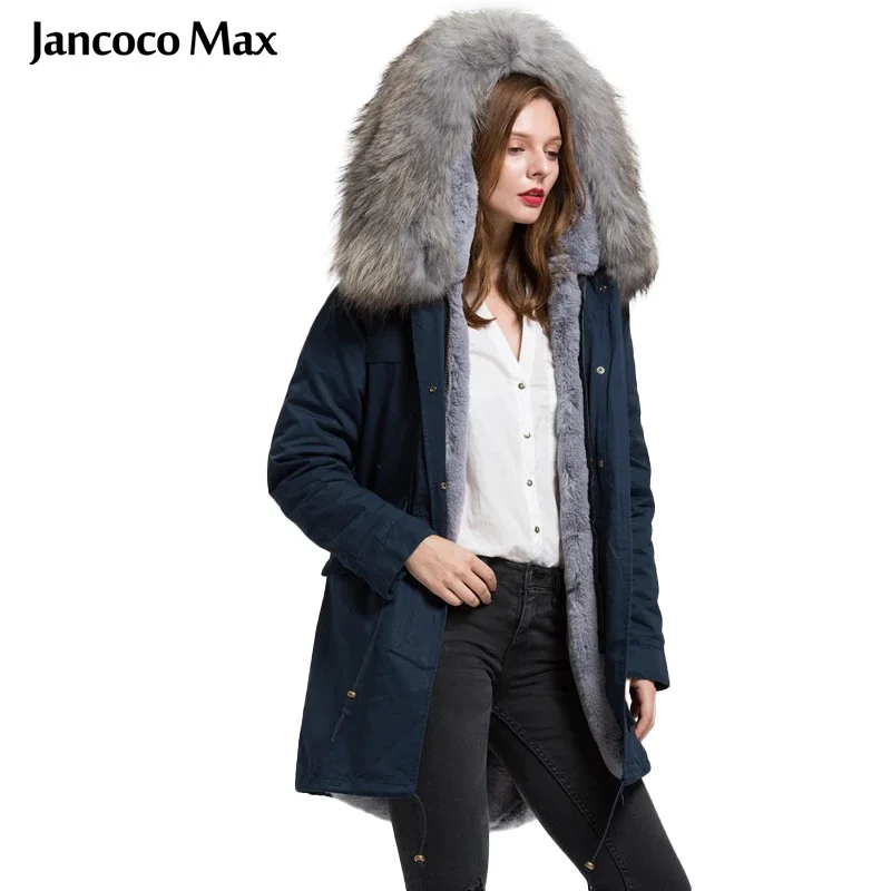 

Jancoco Max темно-синяя/зеленая/черная длинная женская куртка с большим меховым воротником из настоящего енота теплая парка пальто с меховой под...