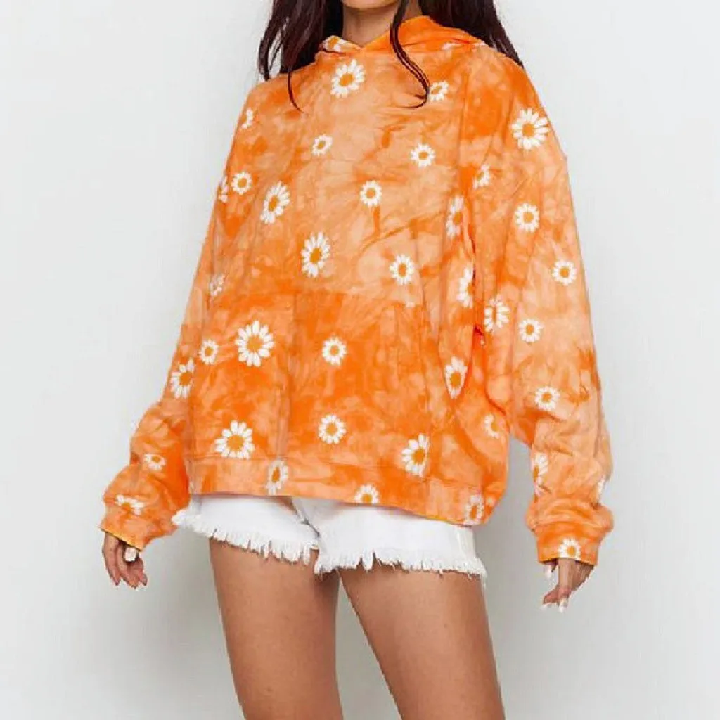 Женская толстовка с капюшоном и принтом разноцветная Радужная Свободная блузка