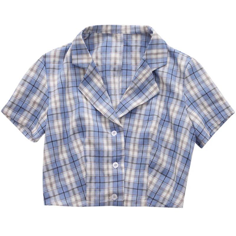

2020 Summer Korean Blouse Women Vintage Crop Shirt Streetwear Plaid Ladies Tops Elegant Button Up Shirt Crop Top Shirts