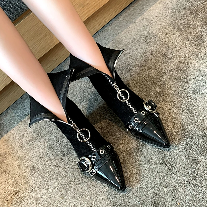 

autuspin Sexy Patchwork Ankle Boots Women Winter Genuine Leather Front Zipper Botas for Female Party Night Club Rock Punk Shoes