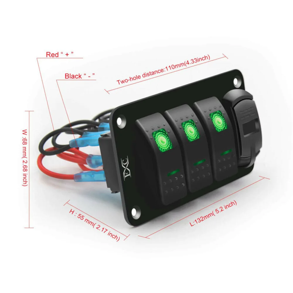 

4 Gang Toggle Rocker Switch Panel USB Car Boat Marine RV Truck Green LED 12V-24V Night Glow Waterproof Enclosed Rocker Switch