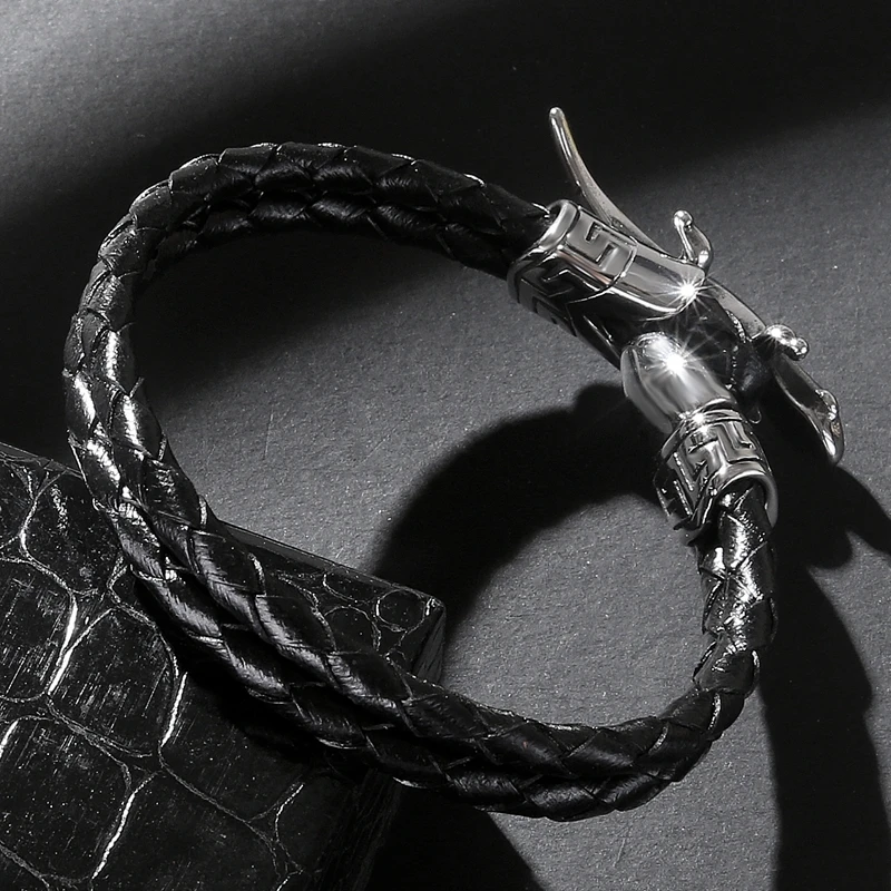 Мужские браслеты ювелирные изделия черный двойной слой кожа Нержавеющая сталь