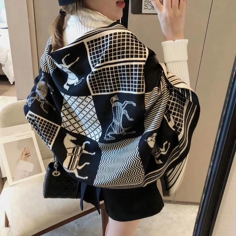 

2020 Luxury brand Winter Scarf Women Cashmere Warm Pashmina Foulard Lady Luxury Horse Scarves Thick Soft Shawls Wraps