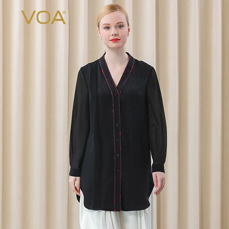 

VOA жаккард, шелк, таинственный, черный, открытый край, кимоно, воротник, однобортная, длинный рукав, рубашка BE396, женские топы, стильная одежда