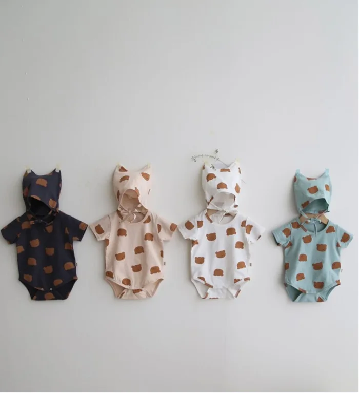 

Koodykids New Summer Baby Boys Girls Casual Bodysuits Toddler Boys Girls Outfits Bear Printed Rompers With Hat Clothes