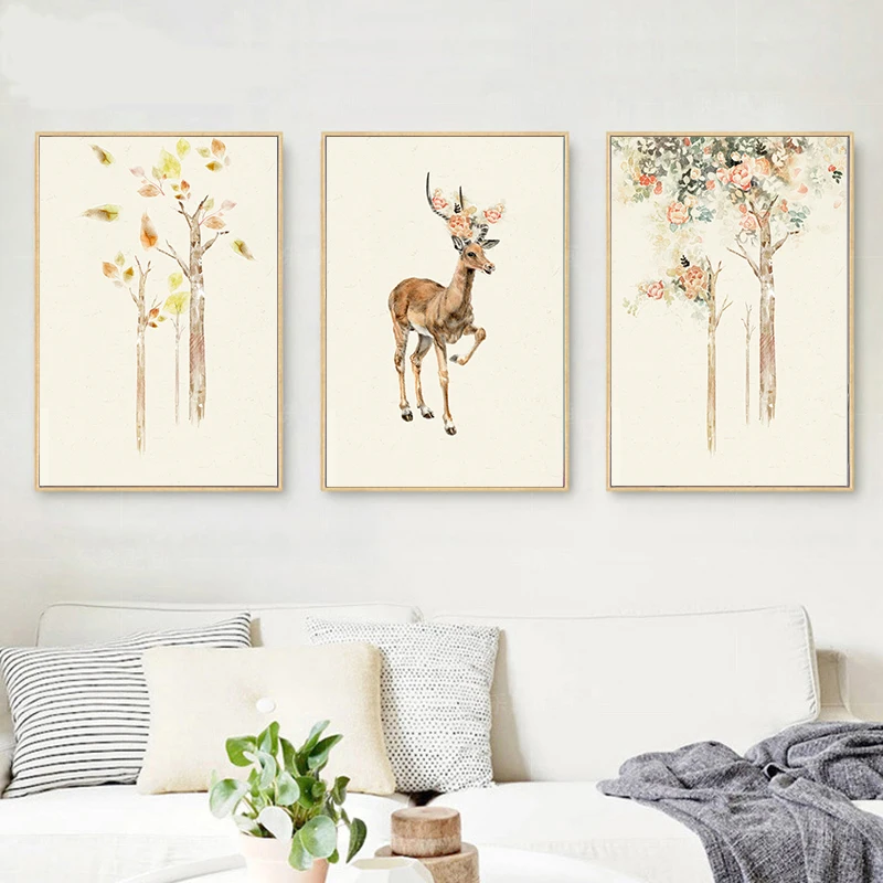 

Modern Nordic Tree Flower Elk Canvas Painting Sofa Background Wall Large Poster Wall Art Picture for Living Room Decoration