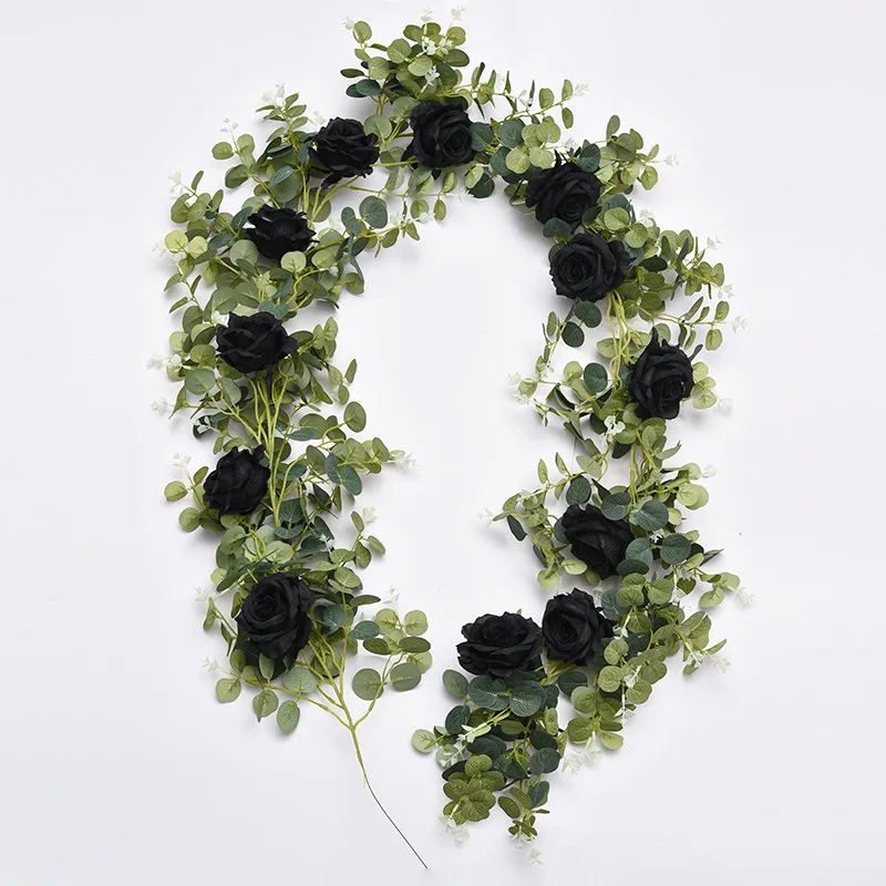 Hoja de eucalipto, vid Rosa Artificial, flor rosa, hojas de eucalipto, vid, camino de boda, plomo, decoraci&oacute;n de la habitaci&oacute;n, est&eacute;tica-2