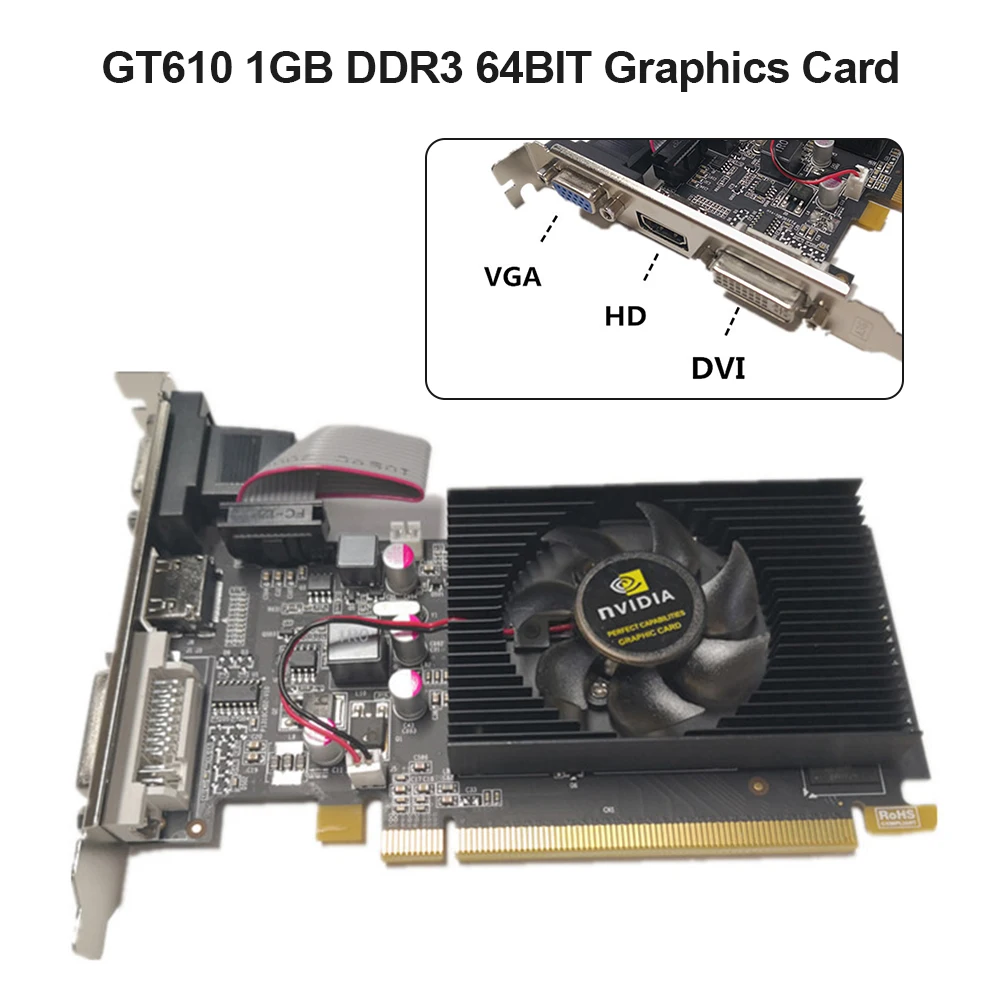 

GT610 1GB GDDR3 64bit NVIDIA PCI-Express 2.0 Video Card with Silent Fan 60W HDMI-Compatible VGA DVI Gaming Graphic Cards