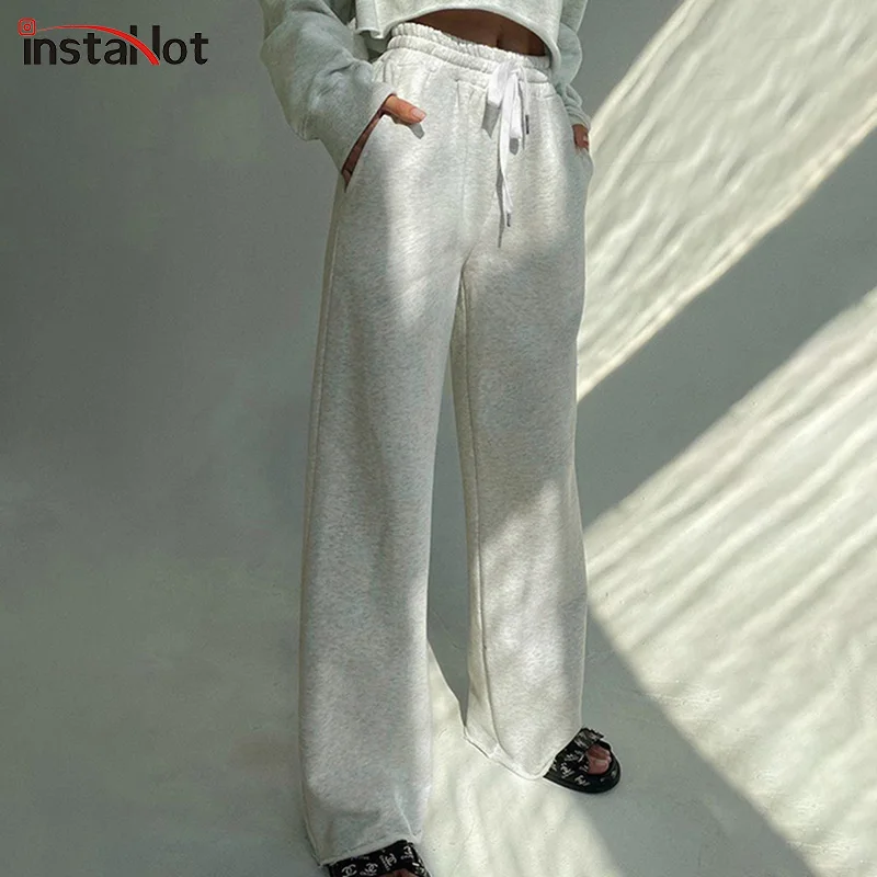 

InstaHot/женские прямые спортивные штаны с высокой талией на завязках; Повседневные уличные однотонные брюки; Новинка; Сезон осень-весна; 2021; Оп...