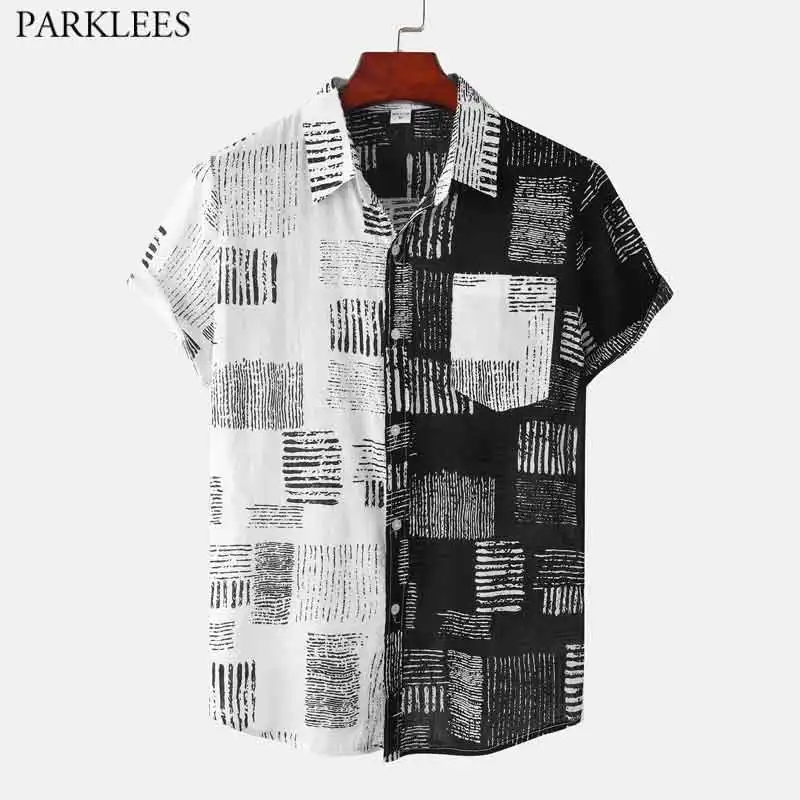 

Мужская гавайская рубашка в стиле пэчворк с чернильным принтом, вечерние повседневные праздничные рубашки с коротким рукавом, пляжная одеж...