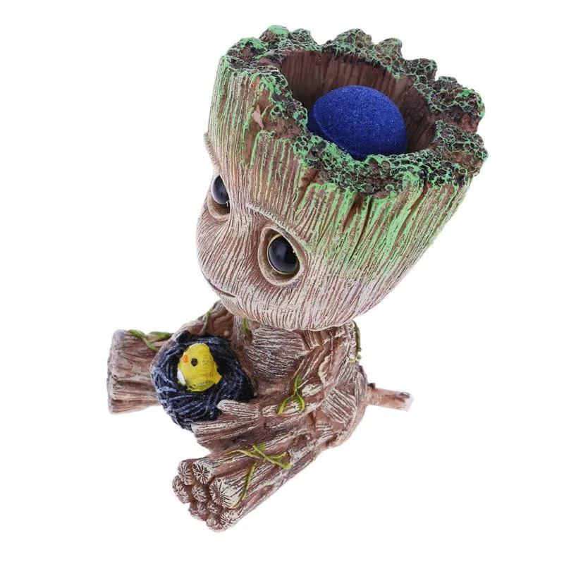 Cartoon Aquarium Plant Stump Decoration Baby Groot Figurine Garden Home Ornament with Air Stone Fish Tank Bubble Lanscaping |