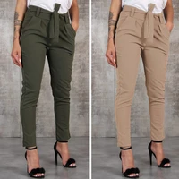 casual slim chiffon thin pants for women with sash high waist black khaki green pants woman trousers