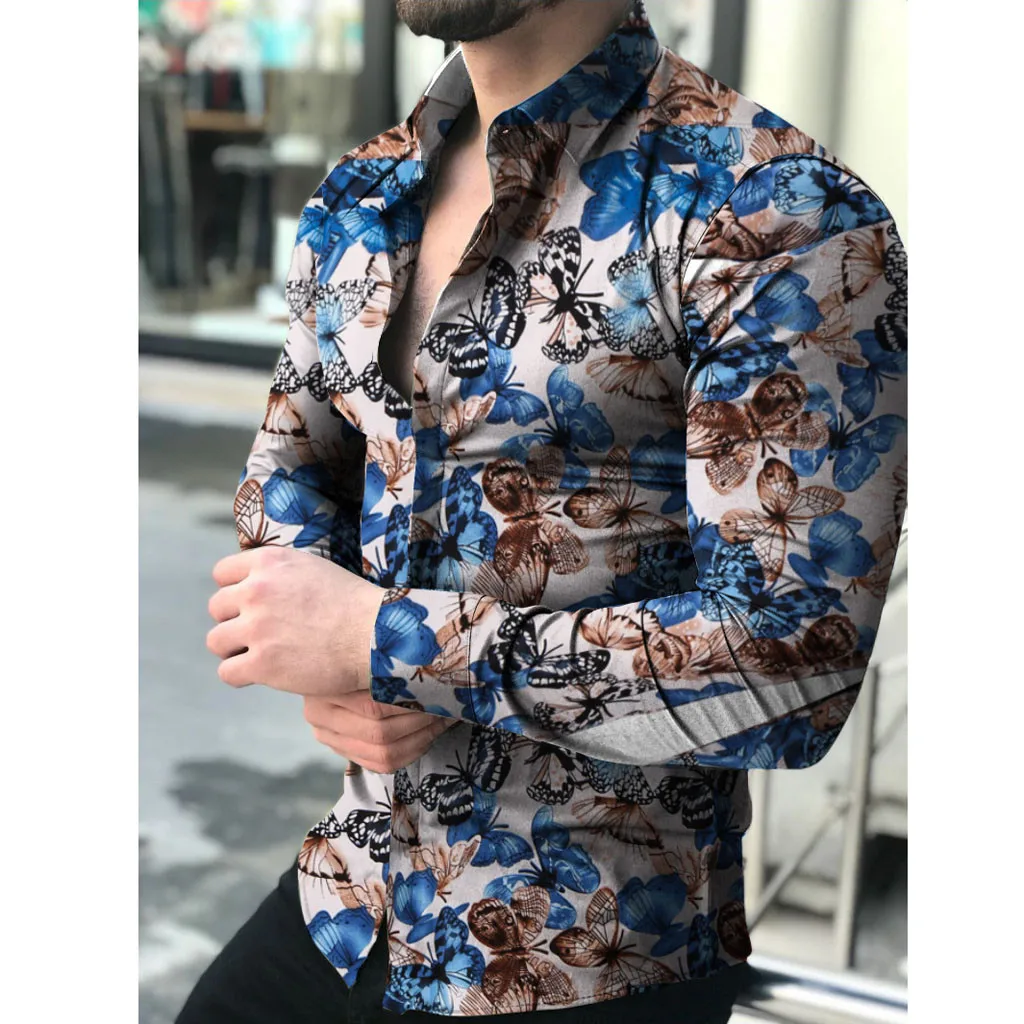 Мужские этнические пляжные Гавайские рубашки с длинным рукавом тропические