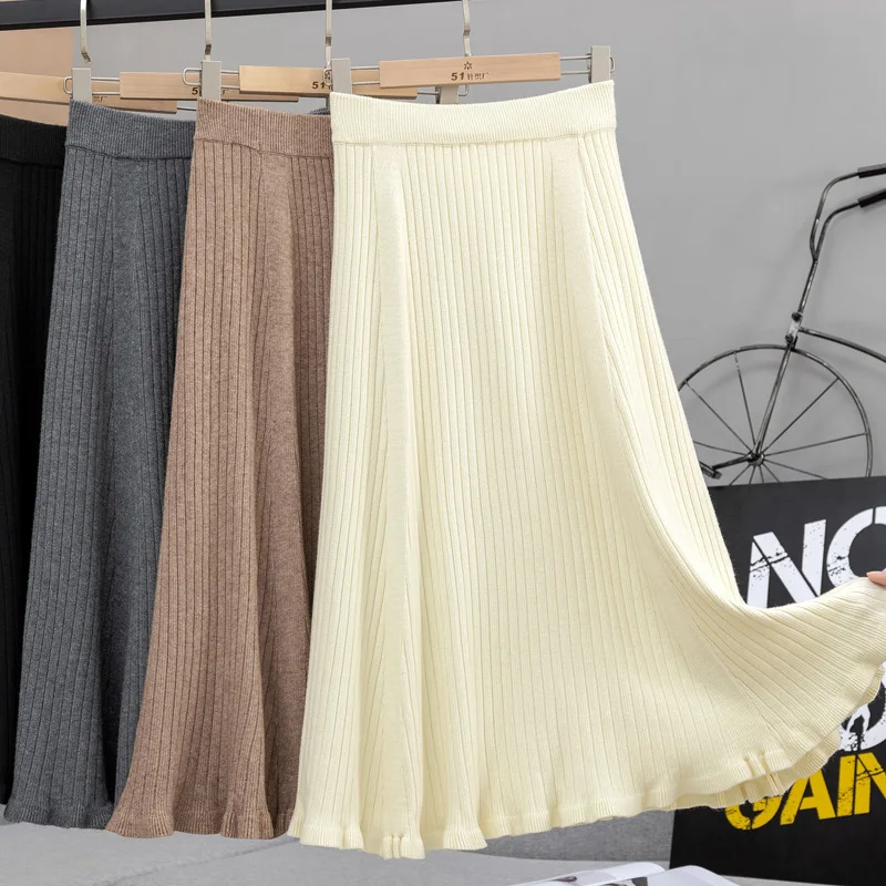 

Женская вязаная юбка с завышенной талией, однотонная большая юбка-качели с ушками из натурального дерева, Осень-зима 2020