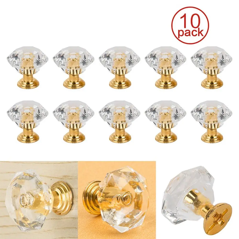 

10Pcs Acrylic Crystal Knobs Cupboard Drawer Pull Handle Door Knob Diamond Shape Cabinet Knob Home Furniture Accessory No Screws