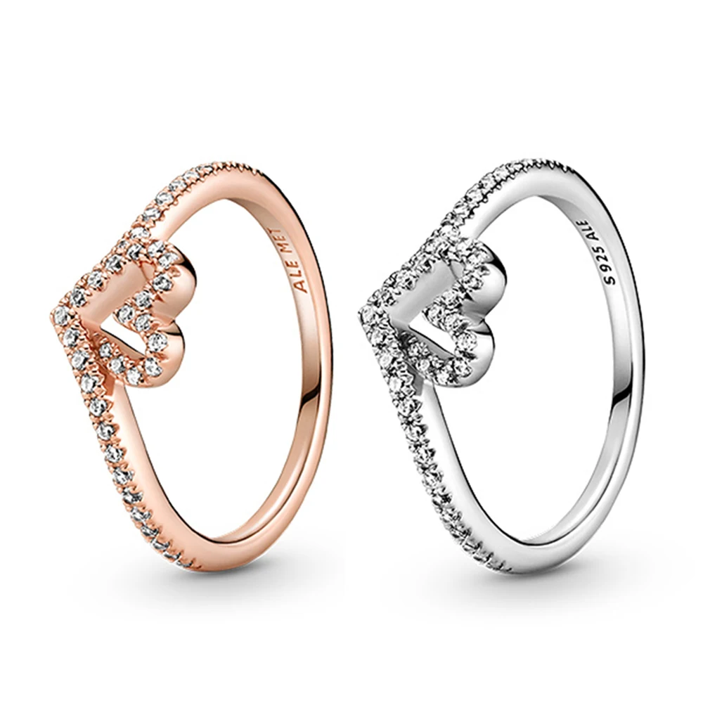 

New Pandora Shining Love Wishing Bone Silver Plated Ladies Ring Alloy Ring For Women Wedding Party Jewelry
