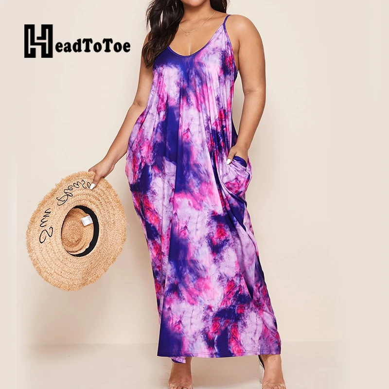 

Tie Dye Print Colorblock Pocket Fashion Dresses for Women Spaghetti Strap Round Neck Ankle Length Loose Dress Women