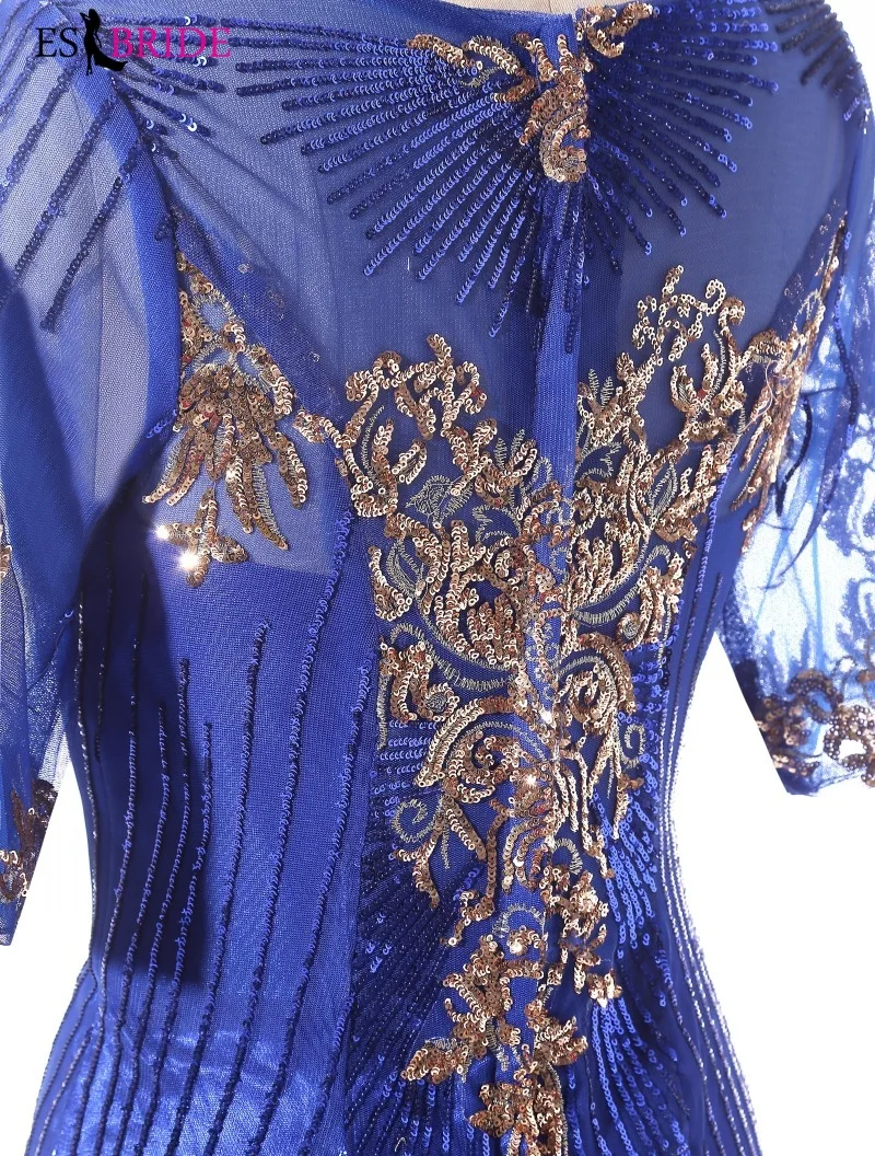Royal Blue Evening Gown Gold Shiny Bead Piece Evening Dress Formal Mermaid Long Robe De Soiree Special Occasion Dresses ES2607