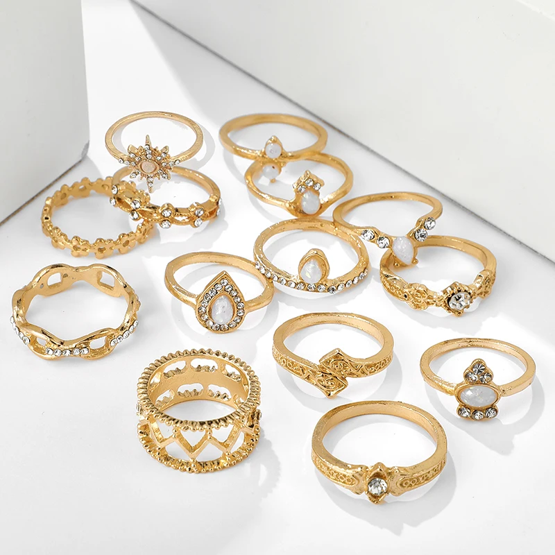 Docona Бохо золотой полый цветок Звезда Опал Набор колец для женщин девушек сплав