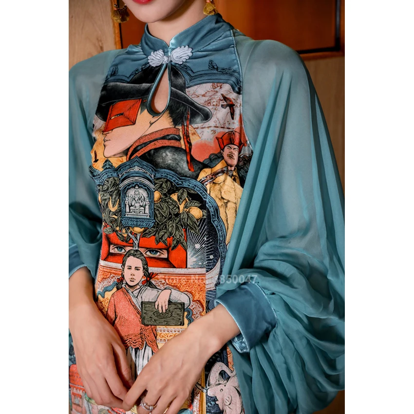 Женское китайское платье Chenogsam с принтом вечернее рукавами-фонариками