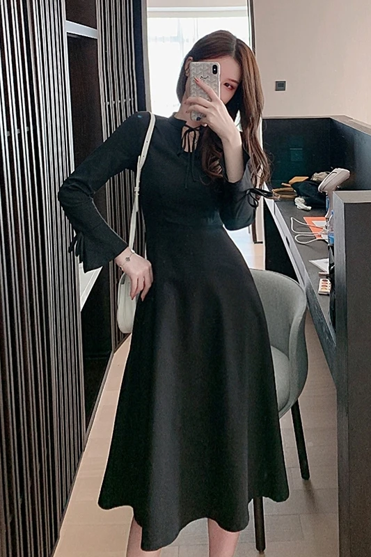 

COIGARSAM French Style Full Sleeve Women dress New Spring Vintage High Waist Dresses Black 3724
