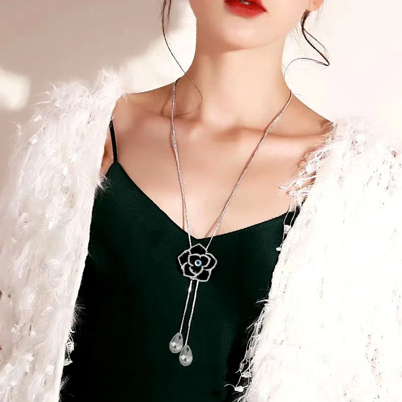 

LEEKER Vintage Black Rose Flower Long Necklace For Women Crystal Chains With Pendants Party Fashion Jewelry 2022 New 443 LK6