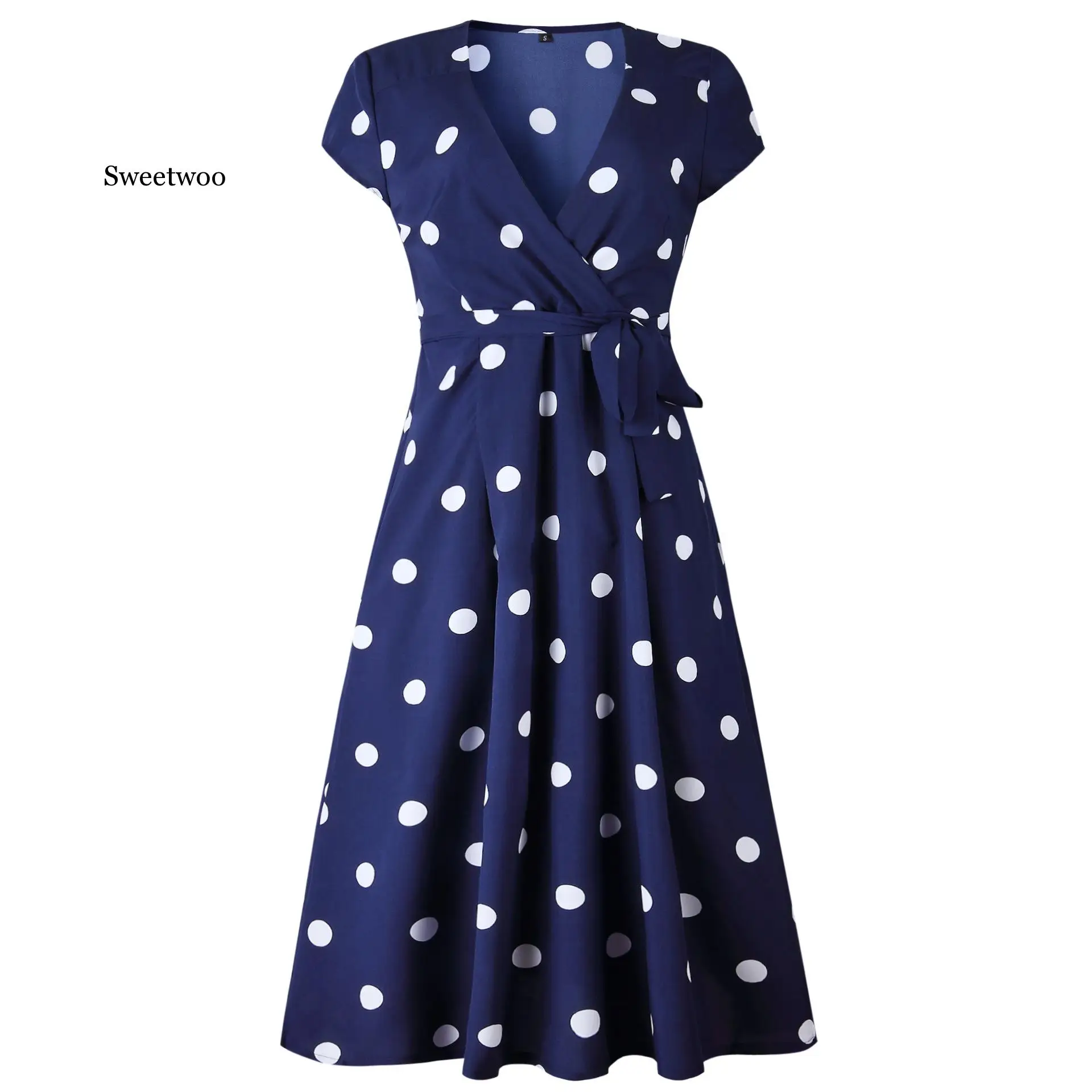 

Summer Dress Women Vintage Dress Casual Polka Dot Print A-Line Party Dresses Sexy V-neck Short Sleeve Long Dress Fashion