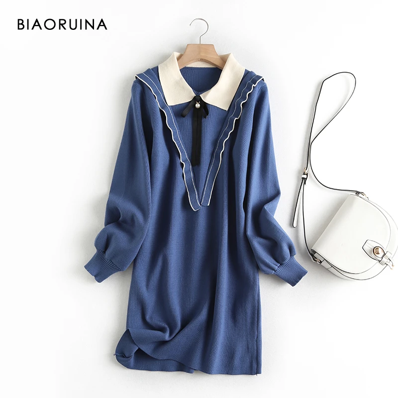 BIAORUINA женское Милое трикотажное платье 4 цвета Vestidos с оборками бантом бисером
