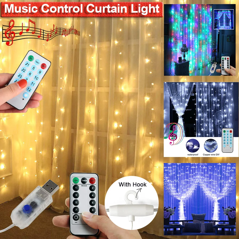 3M LED Fairy Lights Garland Music Control/8 Lighting Mode USB Wedding Party Decor Christmas Window Curtain String Light