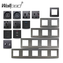 Wallpad S6 Black Brushed Panel EU French Power Universal Wall Socket USB Charger Data CAT6 HDMI TV Modules DIY Combination