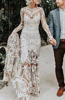 2021 new designs champagne sexy two pieces long sleeve sweep train open back lace wedding dress bride gown vestidos de novia