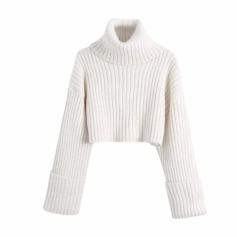 

Huaxiafan Fashion Turtleneck Beige Woman Sweaters Long Sleeve Vintage Loose Casual Pullover Mujer Suteres Crop Tops