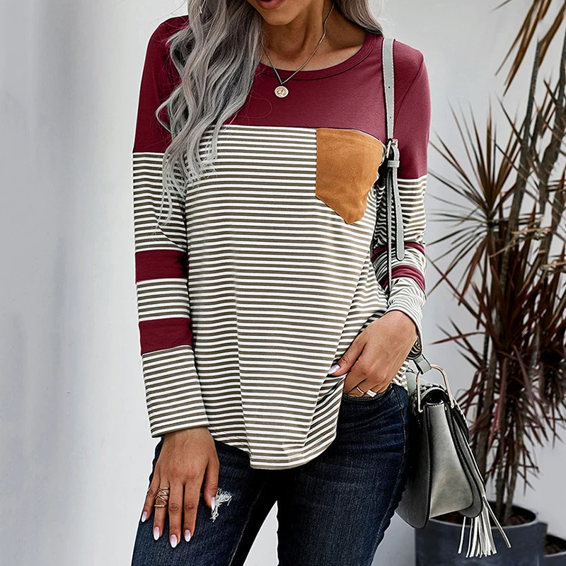 

Women's T Shirt Patchwork Stripe Slim Women Tops And Blouses Casual Streetwear Fashion Korean Basic Clothes Blouses Feminina