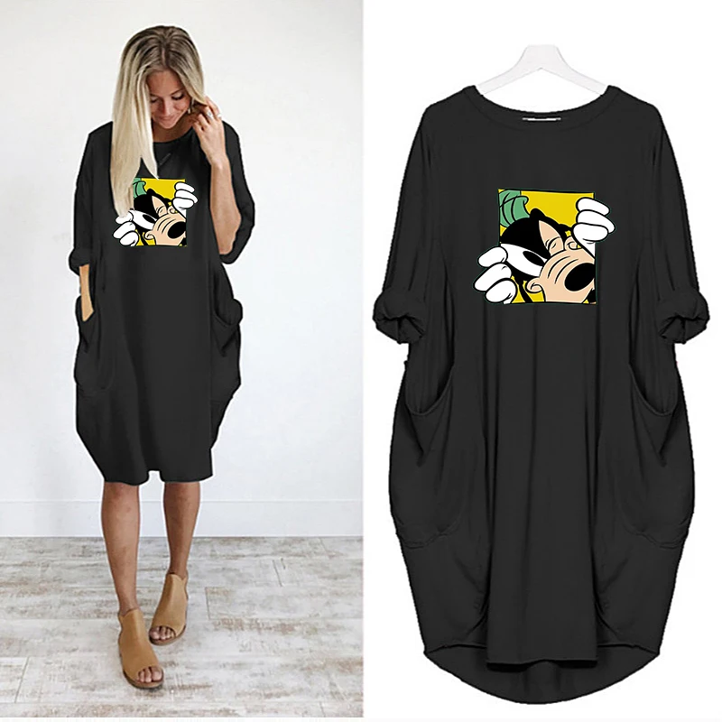 

Dress Disney Midi Pockets Cartoon Goofy Print Dresses Loose Simplicity Robes Femme Vintage Casual Vestidos Kawaii for Women 2021