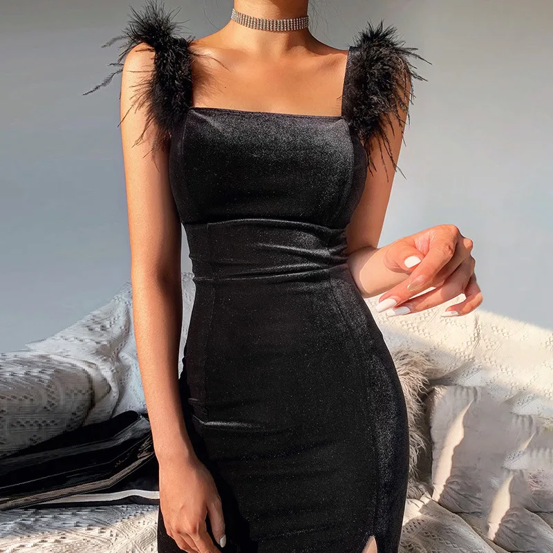 

Furry Vest Korean Velvet Dress Women Autumn And Winter Sexy Temperament Halter Temperament Split Celebrity Dress Skirt