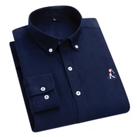 aoliwen men 100 cotton navy blue oxford cloth solid color slim fit business casual long sleeve shirt office button collar shirt