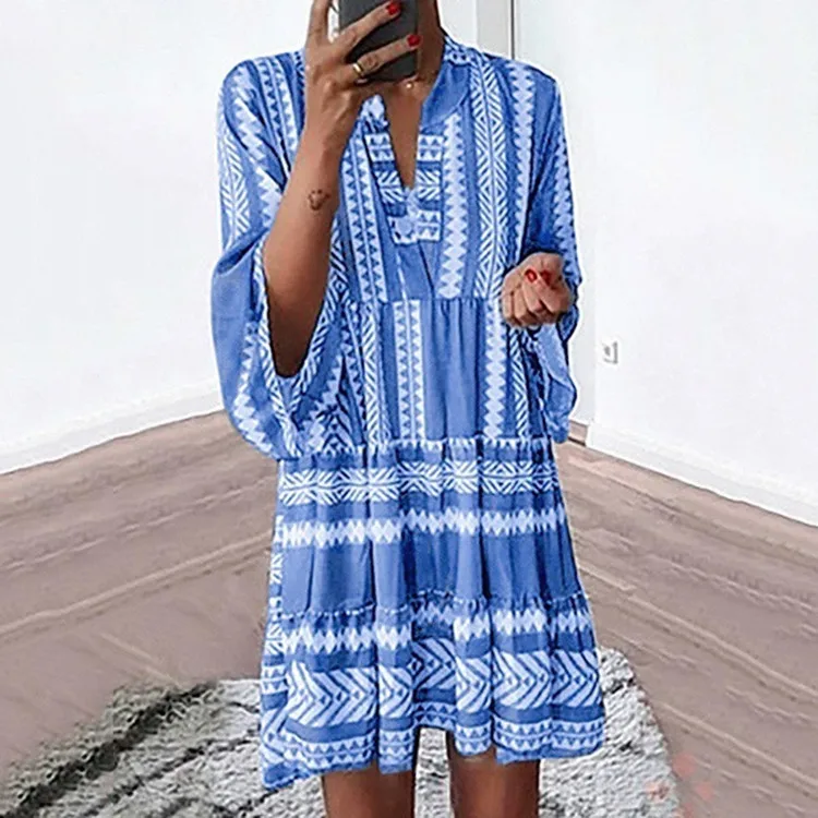 

Women Dress 2021 Summer Autumn New Casual Ladies Dresses Geometric Print V-neck Dresses for Women Vestido Feminino