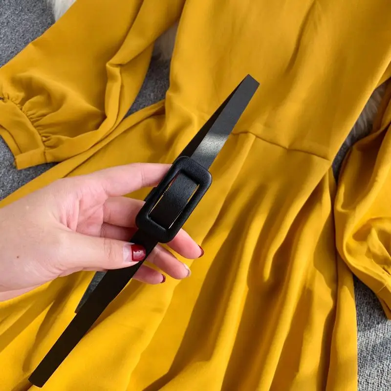 2020 Fashion Spring Summer Chiffon Slim V Neck Puff-Sleeve Belt Dress Beach Party Evening Women Casual Elegant Vestidos | Женская одежда