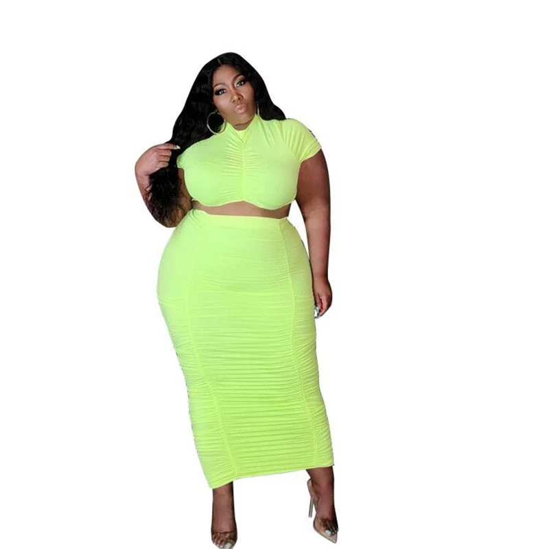 Cacual Plus Size Women Clothing Solid Plait Bodycon Two Piece Skirt Set Summer Crop Top Pencil Skirt 2 Piece Maxi Dress Outfits