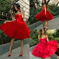 sexy red prom dresses strapless lace tulle a line evening gowns backless knee length special occasion dress graduation gowns