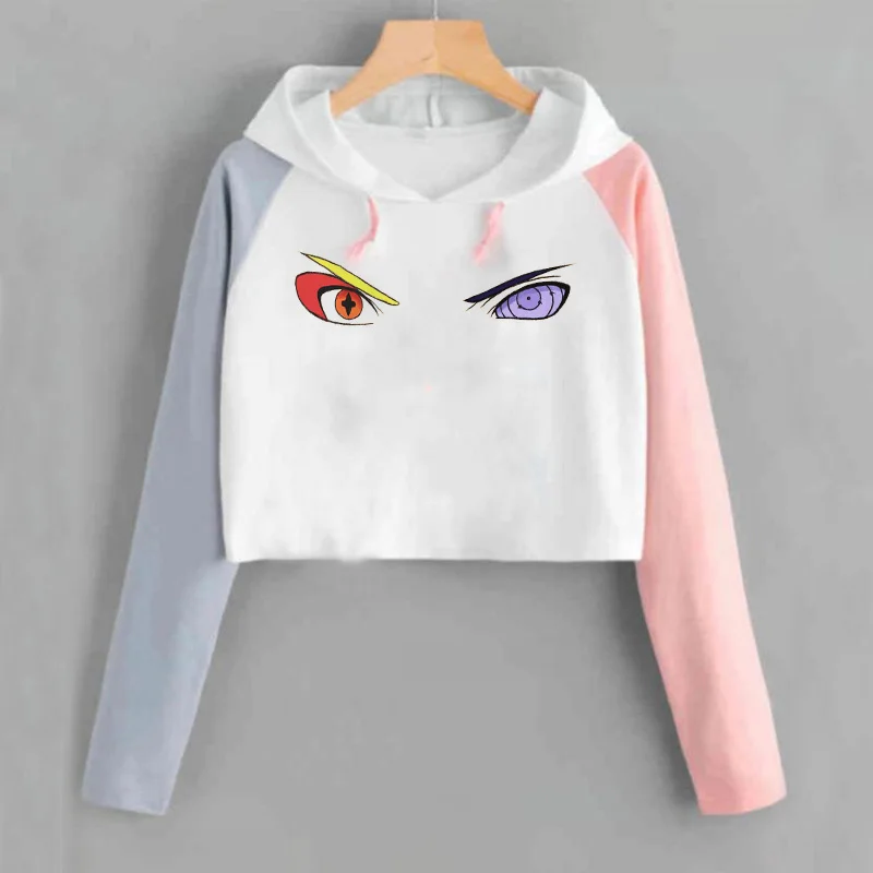 Harajuku аниме толстовки для женщин Наруто укороченная Толстовка Uchiha Uzumaki Hatake Eyes пуловер с рисунком толстовка хип хоп Уличная - Цвет: 12