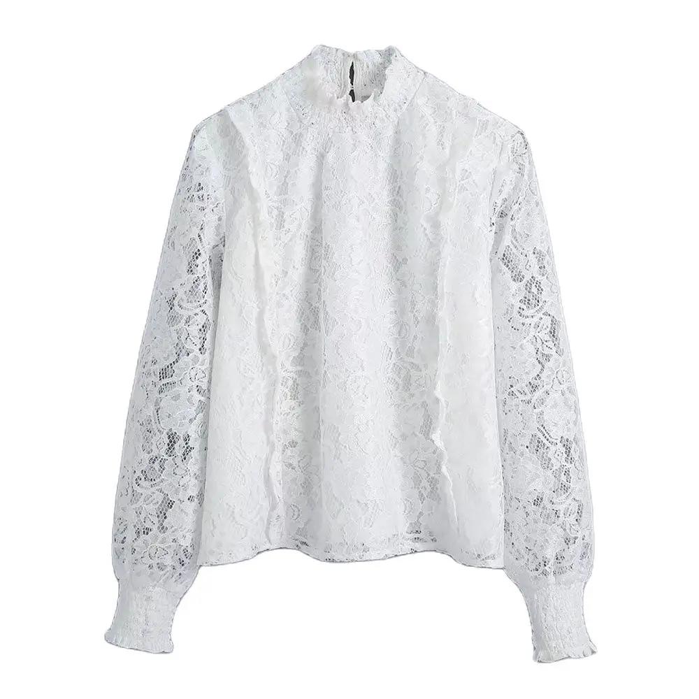 

XEASY 2021 New Summer Women Vintage Elegant Lace Blouse Female Streetwears Hollow Out Casual Office Lady Slim Blouse Chic Top
