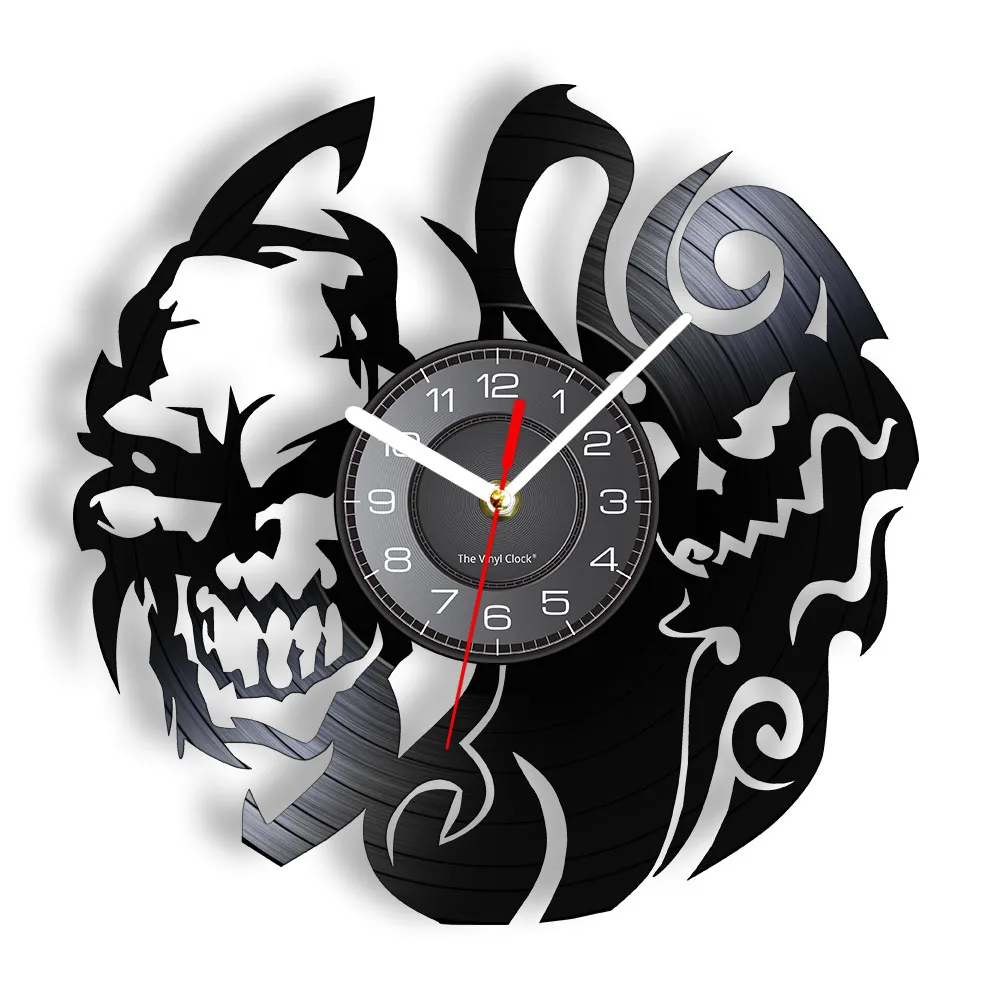 

Skull Head Wall Clock Carved Vinyl Record Art Death Analog Clock Silent Non Ticking Wall Watch Gothic Skeleton Horror Home Decor