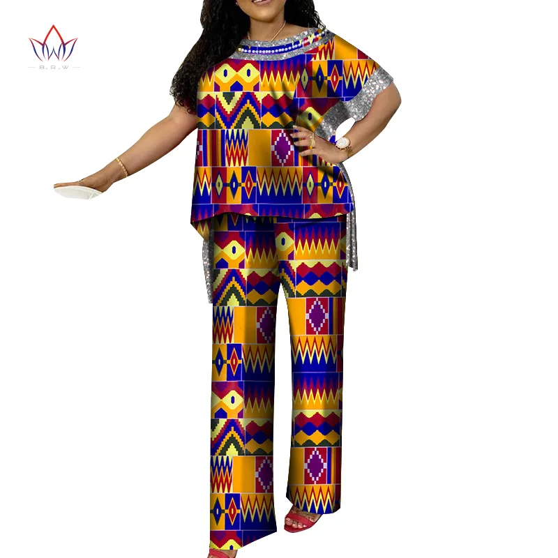 

Bintarealwax S-7XL Plue Size Pant Sets Dashiki Pearls Top & Pant Africa Clothing 2021 Summer Loose Style Women Clothes WY8738