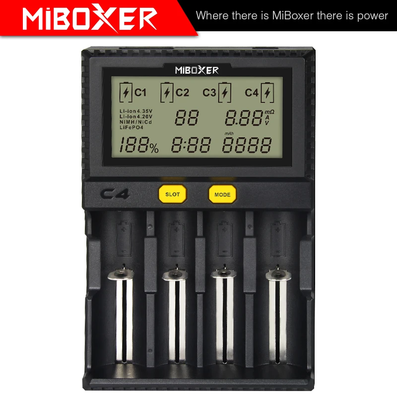 Умное зарядное устройство Miboxer C4 ЖК-дисплей для литий-ионных IMR ICR LiFePO4